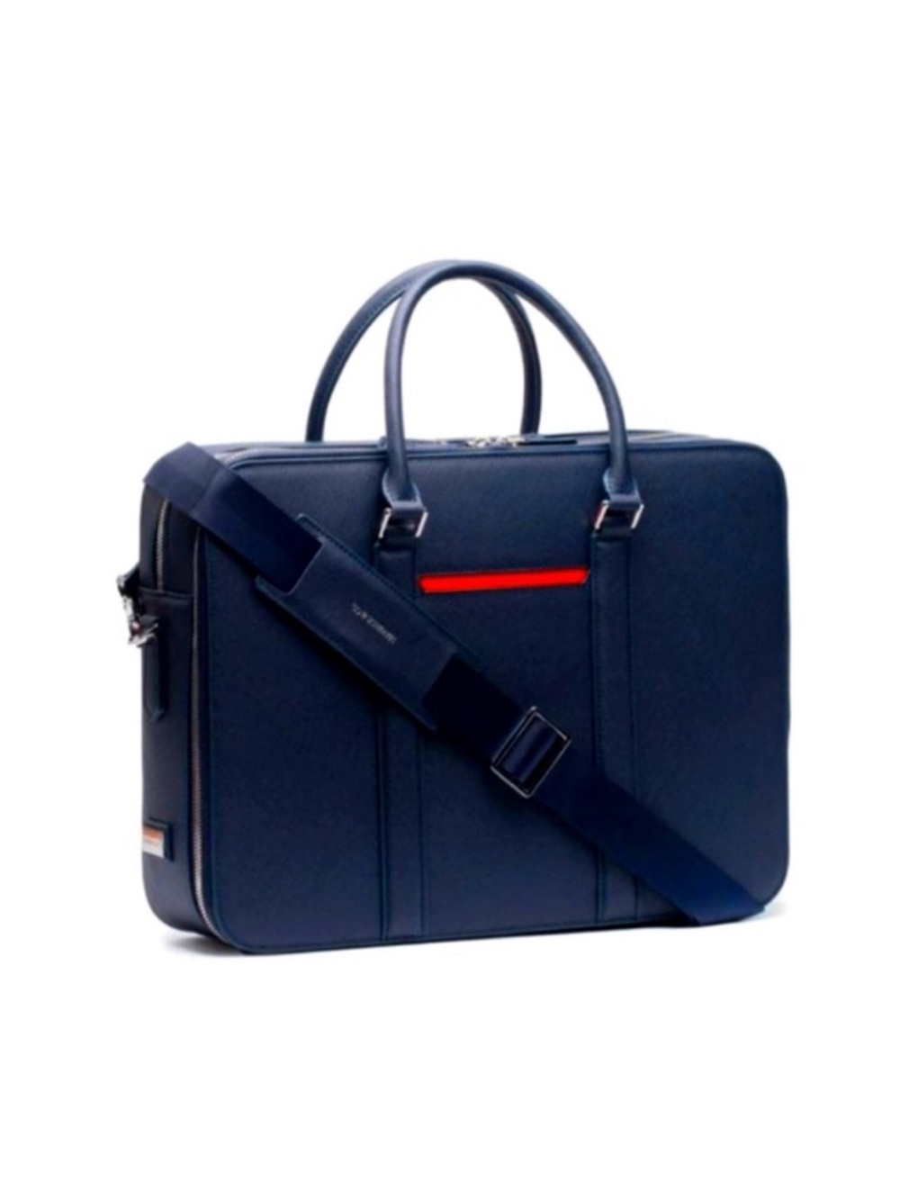 Navy Blue Men’s Leather Briefcase with Red Accent
